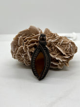 Load image into Gallery viewer, Hand Carved Carnelian &amp; Heat Treated Amethyst Oxidized Copper Wire Wrap Pendant
