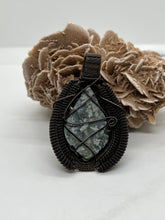 Load image into Gallery viewer, Hand Carved Epidote in Quartz, Citrine, &amp; Opal Oxidized Copper Wire Wrap Pendant
