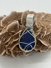 Load image into Gallery viewer, Hand Carved Azurite &amp; Aquamarine Sterling Silver Wire Wrap Pendant
