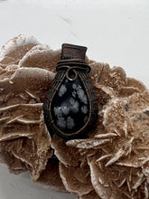 Load image into Gallery viewer, Hand Carved Snowflake Obsidian Oxidized Copper Wire Wrap Pendant
