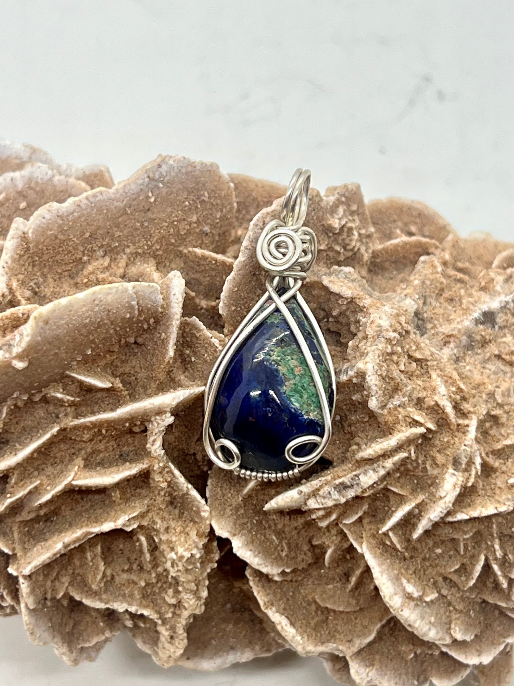 Hand Carved Azurite & Malachite Sterling Silver Wire Wrap Pendant