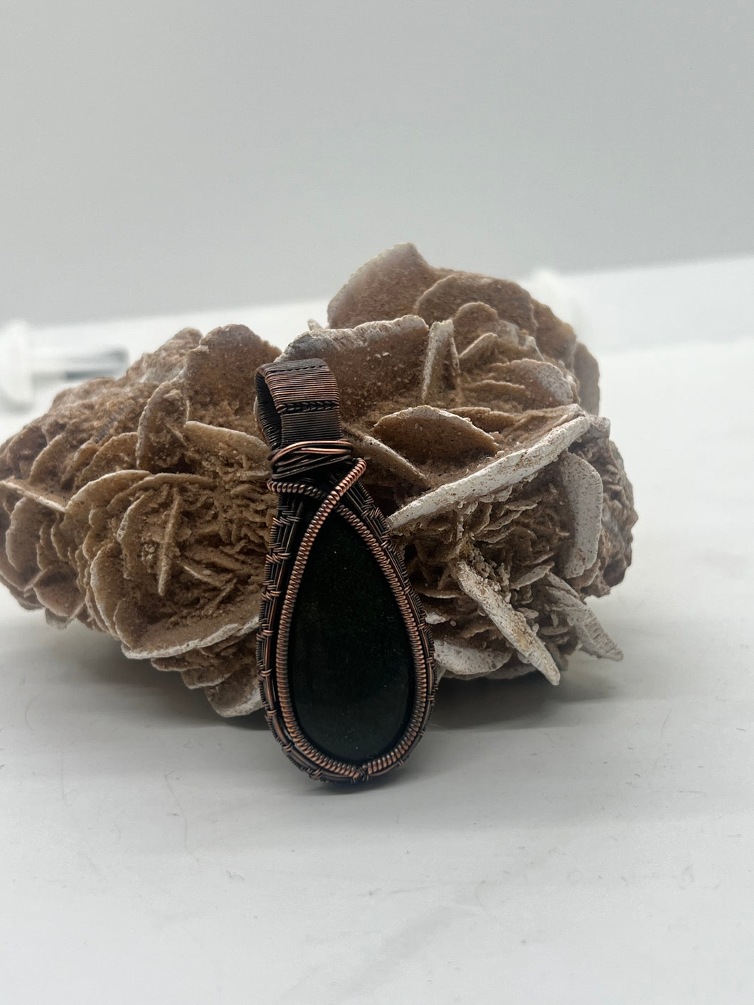 Hand Carved Serpentine Oxidized Copper Wire Wrap Pendant