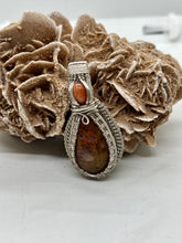 Load image into Gallery viewer, Hand Carved Red Moss Agate &amp; Sunstone Sterling Silver Wire Wrap Pendant
