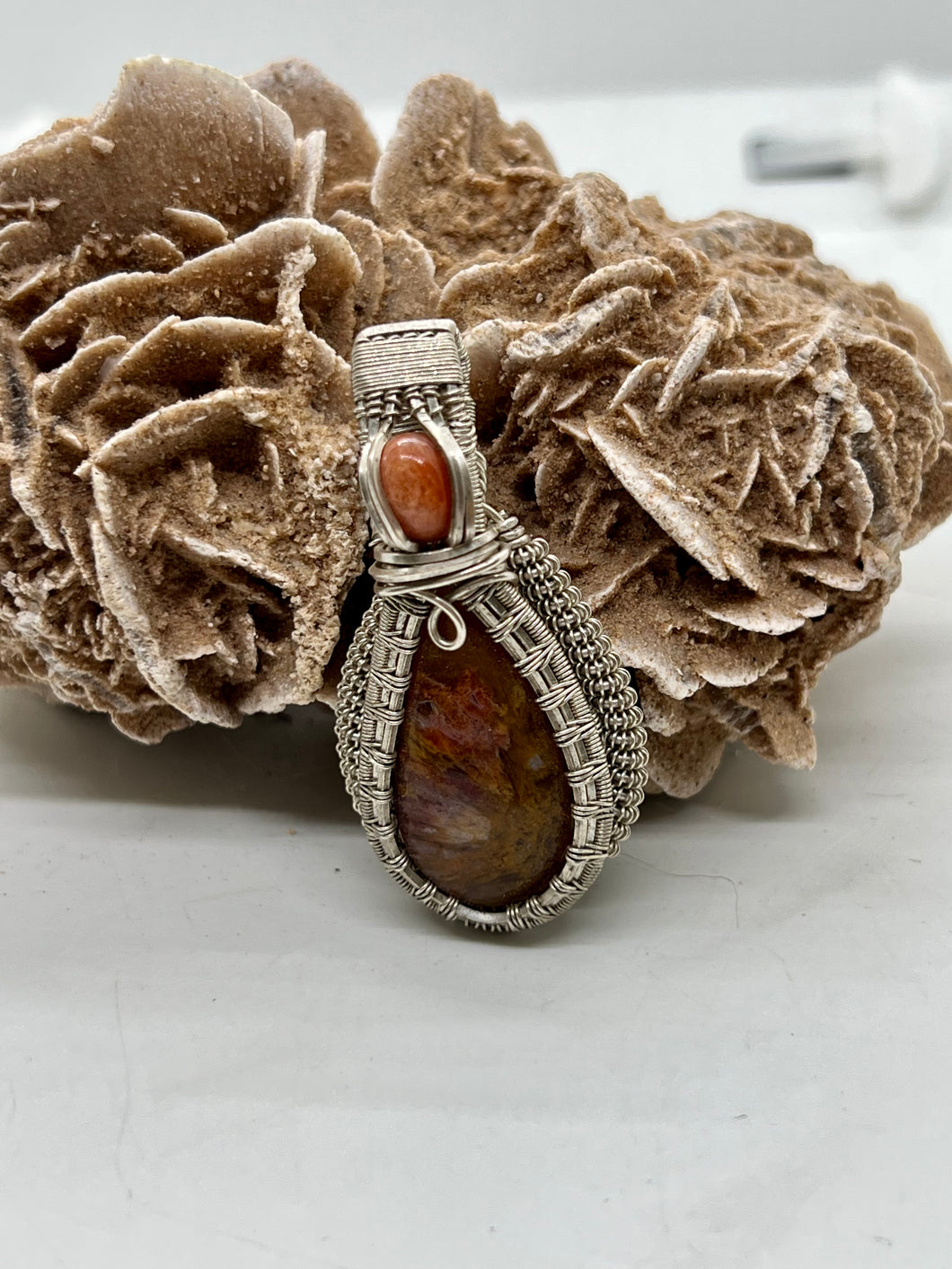 Hand Carved Red Moss Agate & Sunstone Sterling Silver Wire Wrap Pendant