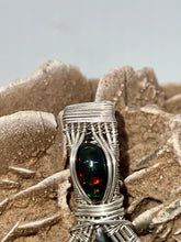 Load image into Gallery viewer, Hand carved Pocket Rot Hard Wood &amp; Black Opal Sterling Silver Wire Wrap Pendant
