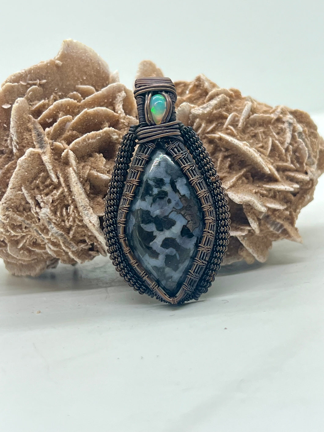 Hand Carved Mystic Merlinite & Opal Oxidized Copper Wire Wrap Pendant