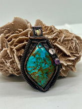 Load image into Gallery viewer, Hand Carved Kingman Turquoise, Opal, Rose Quartz &amp; Amethyst Oxidized Copper Wire Wrap Pendant
