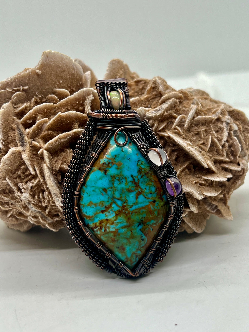 Hand Carved Kingman Turquoise, Opal, Rose Quartz & Amethyst Oxidized Copper Wire Wrap Pendant