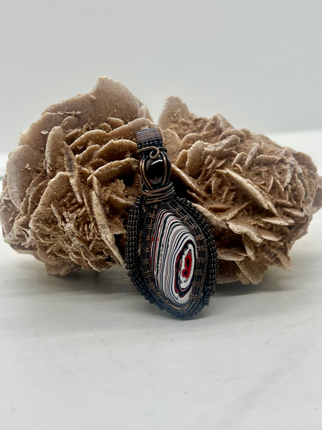 Dune Buggy Fordite & Garnet Oxidized Copper Wire Wrap Pendant