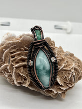 Load image into Gallery viewer, Hand Carved North Star Turquoise, Hemimorphite, &amp; Rainbow Moonstone Oxidized Copper Wire Wrap Pendant

