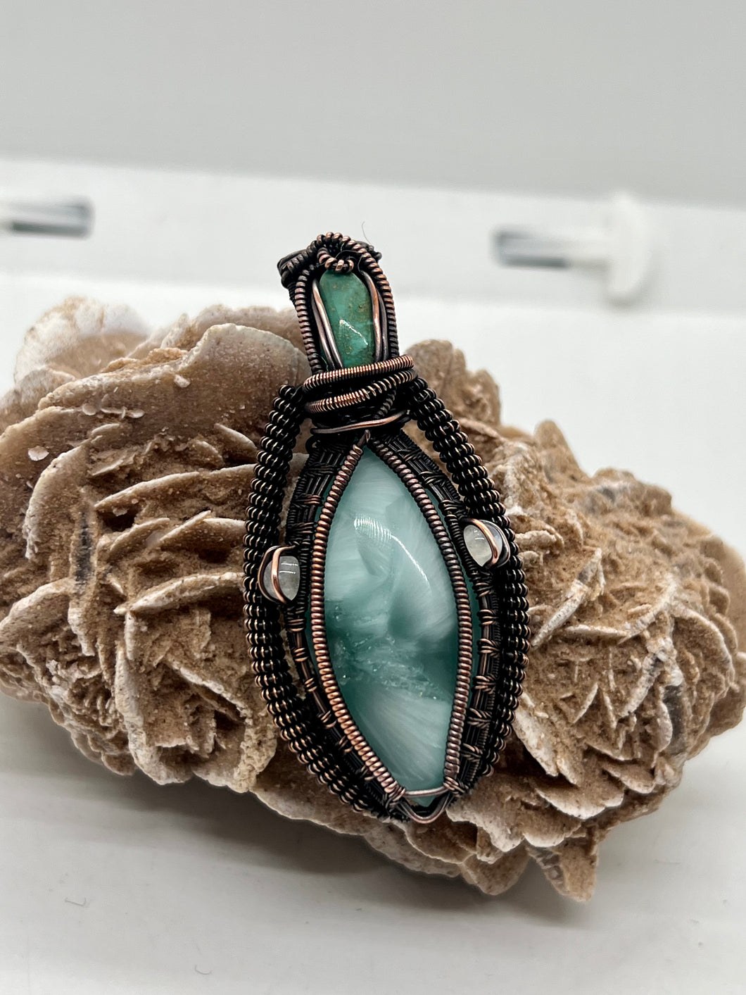 Hand Carved North Star Turquoise, Hemimorphite, & Rainbow Moonstone Oxidized Copper Wire Wrap Pendant