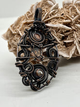 Load image into Gallery viewer, Fire Agate, Sunstone, &amp; Clear Quartz Freestyled Oxidized Copper Wire Wrap Pendant
