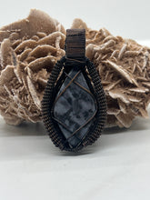 Load image into Gallery viewer, Hand Carved Mystic Merlinite &amp; Opal Oxidized Copper Wire Wrap Pendant
