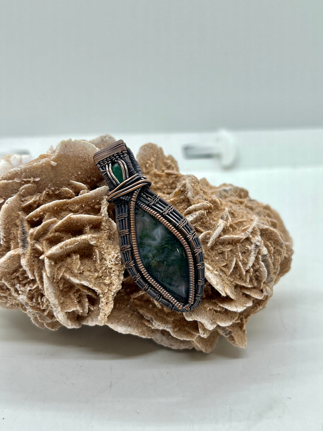 Hand Carved Moss Agate & Natural Emerald Oxidized Copper Wire Wrap Pendant