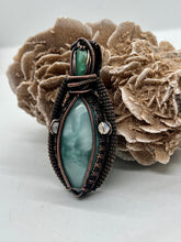 Load image into Gallery viewer, Hand Carved North Star Turquoise, Hemimorphite, &amp; Rainbow Moonstone Oxidized Copper Wire Wrap Pendant
