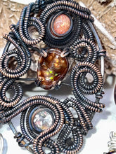 Load image into Gallery viewer, Fire Agate, Sunstone, &amp; Clear Quartz Freestyled Oxidized Copper Wire Wrap Pendant
