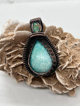 Load image into Gallery viewer, Hand Carved Amazonite &amp; North Star Turquoise Oxidized Copper Wire Wrap Pendant
