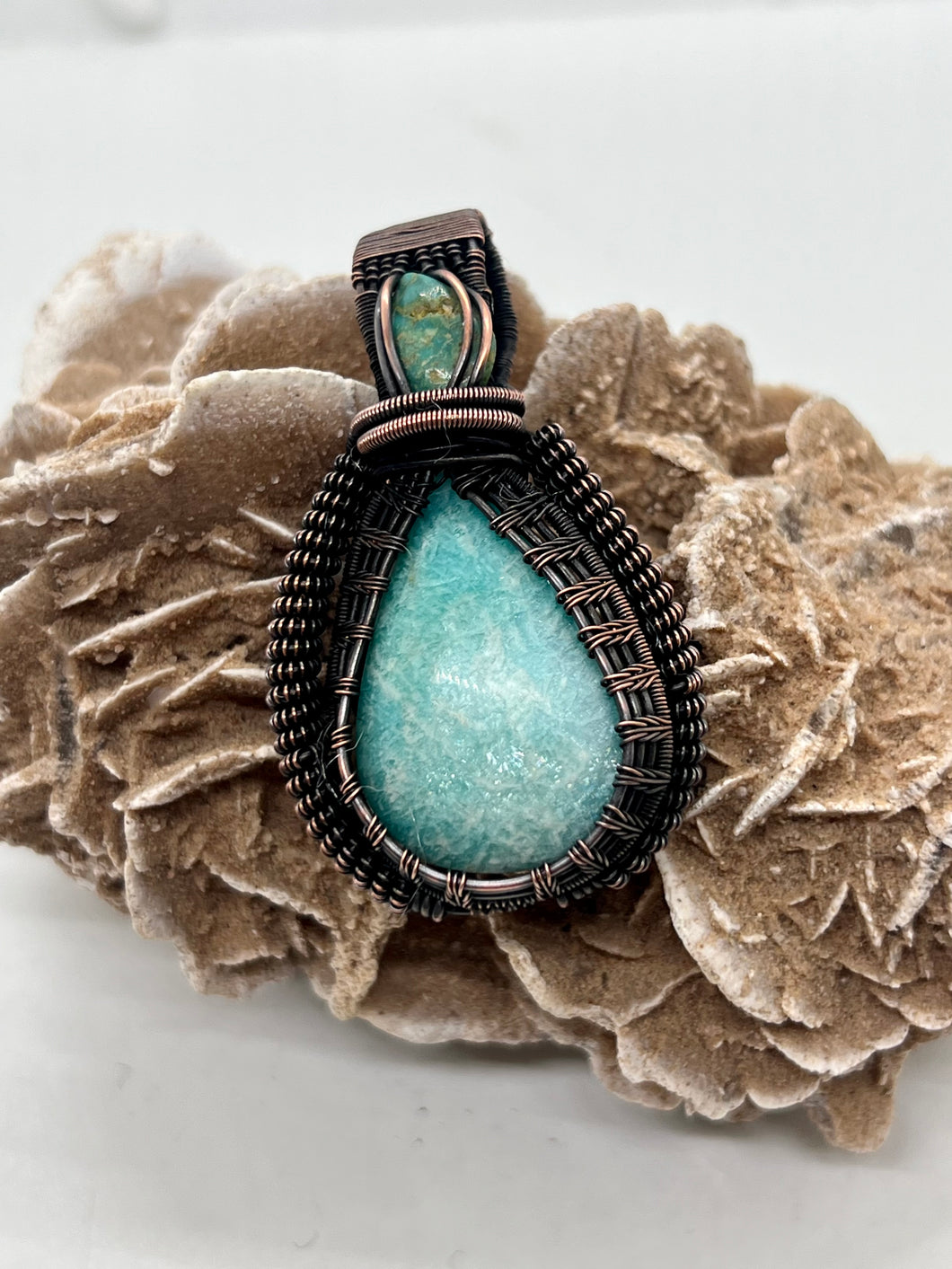 Hand Carved Amazonite & North Star Turquoise Oxidized Copper Wire Wrap Pendant