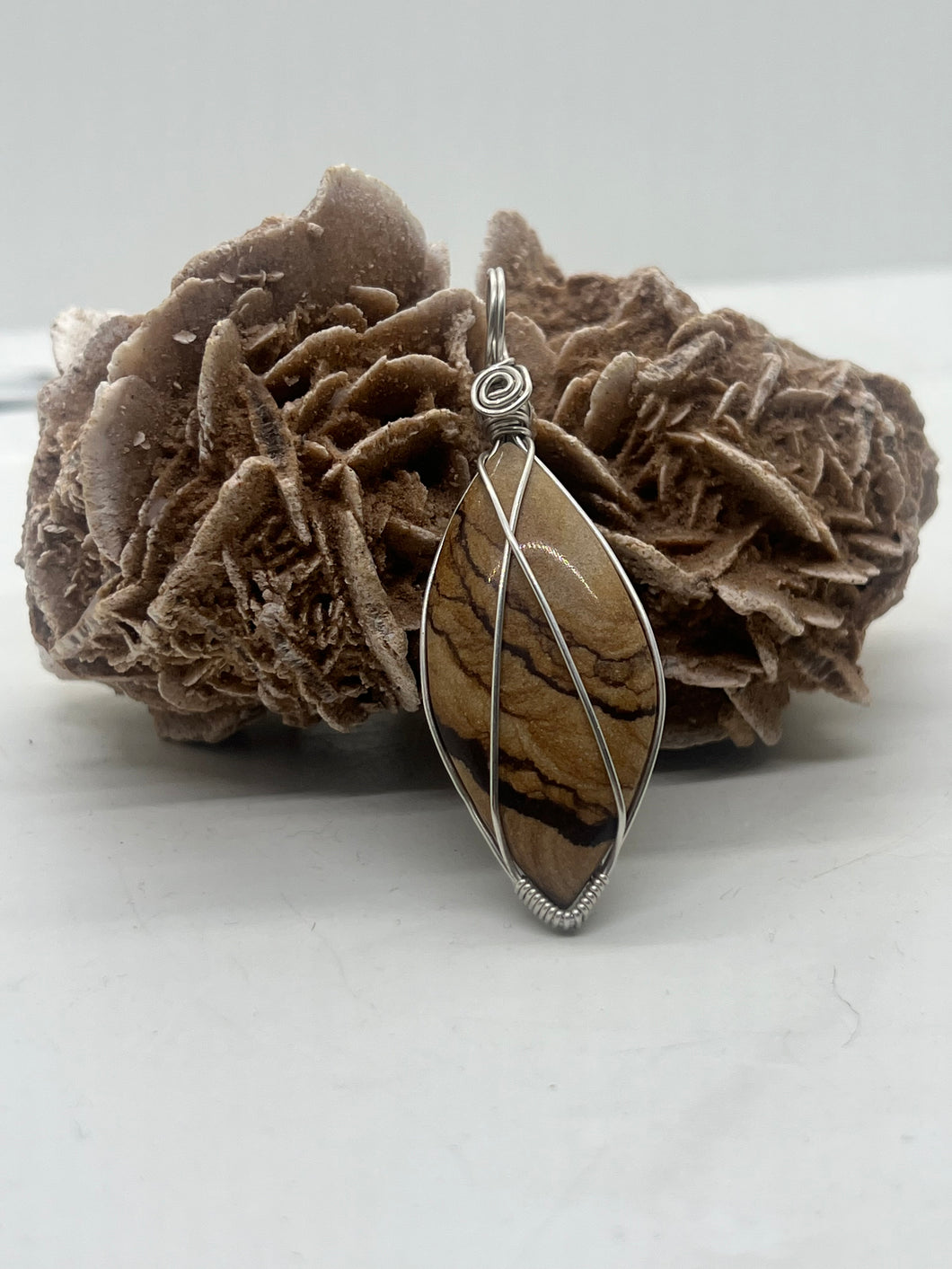 Hand Carved Picture Jasper Sterling Silver Wire Wrap Pendant