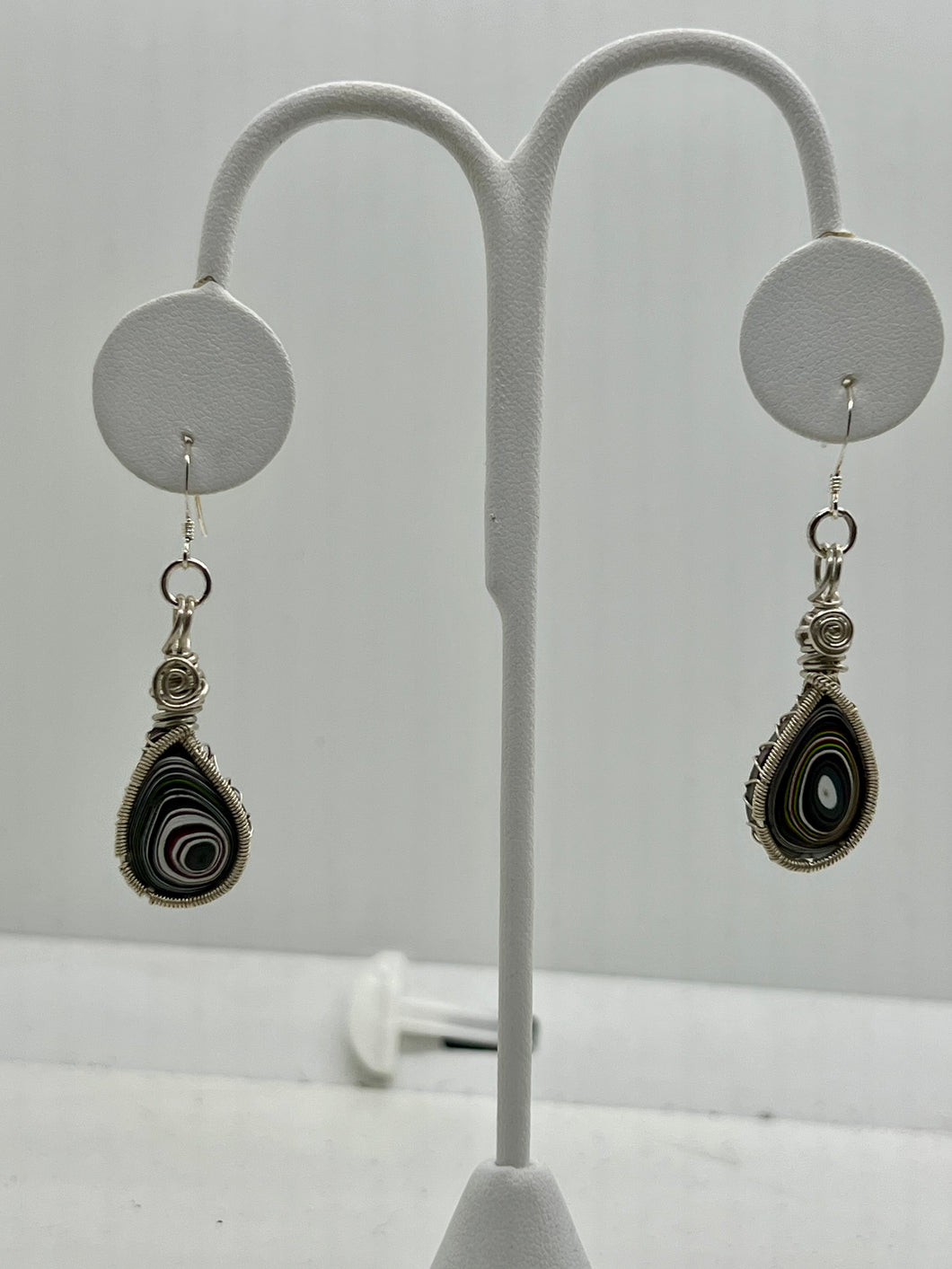 Hand Carved Jeep Fordite Sterling Silver Wire Wrap Earrings