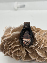 Load image into Gallery viewer, Hand Carved Crazy Lace Agate Oxidized Copper Wire Wrap Pendant

