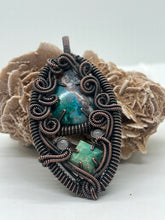 Load image into Gallery viewer, Hand Carved Chrysocolla, North Star Turquoise, &amp; Rose Quartz Copper Wire Wrap Pendant
