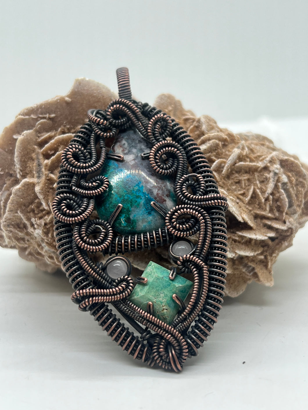 Hand Carved Chrysocolla, North Star Turquoise, & Rose Quartz Copper Wire Wrap Pendant