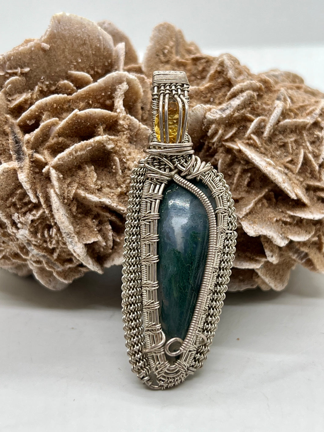 Hand Carved Moss Agate & Citrine Sterling Silver Wire Wrap Pendant