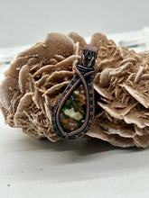 Load image into Gallery viewer, Hand Carved Ocean Jasper &amp; Smokey Quartz Oxidized Copper Wire Wrap Pendant
