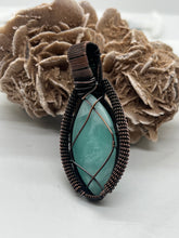 Load image into Gallery viewer, Hand Carved North Star Turquoise, Hemimorphite, &amp; Rainbow Moonstone Oxidized Copper Wire Wrap Pendant

