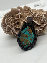 Load image into Gallery viewer, Hand Carved Kingman Turquoise, Opal, Rose Quartz &amp; Amethyst Oxidized Copper Wire Wrap Pendant
