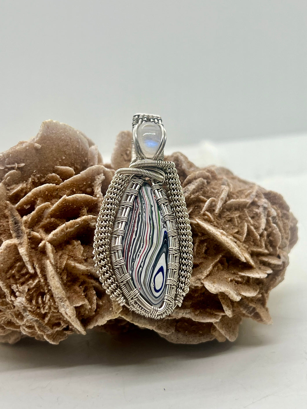 Hand Carved Dune Buggy Fordite & Rainbow Moonstone Sterling Silver Wire Wrap Pendant