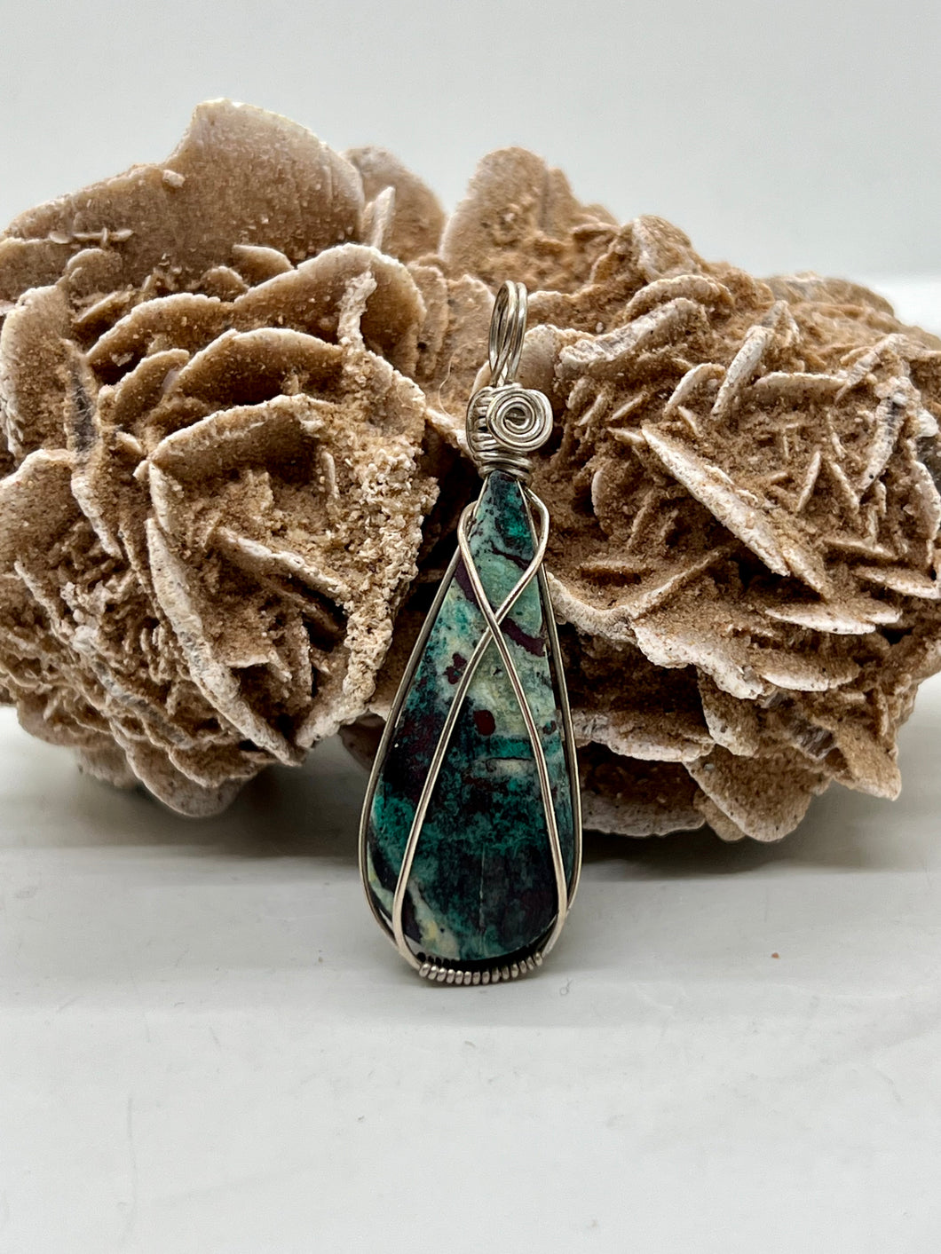 Sonoran Sunrise Chrysocolla Simple Sterling Silver Wire Wrapped Pendant