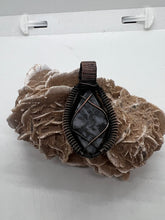Load image into Gallery viewer, Hand Carved Indigo Gabbro Jasper &amp; Opal Oxidized Copper Wire Wrap Pendant
