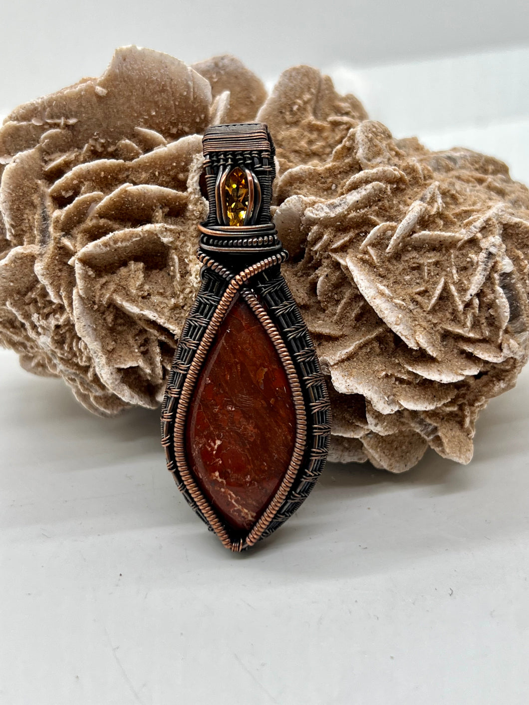 Hand Carved Agate & Citrine Oxidized Copper Wire Wrap Pendant
