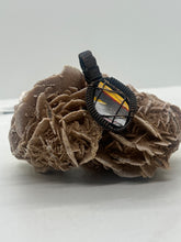 Load image into Gallery viewer, Dune Buggy Fordite &amp; Garnet Oxidized Copper Wire Wrap Pendant
