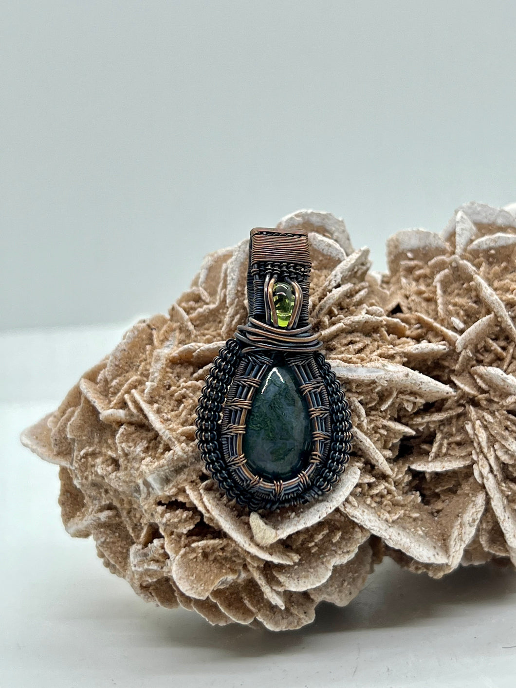 Hand Carved Moss Agate & Peridot Oxidized Copper Wire Wrap Pendant