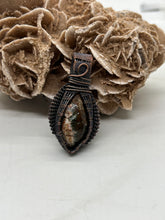 Load image into Gallery viewer, Hand Carved Linda Marie Moss Agate Oxidized Copper Wire Wrap Pendant
