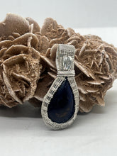 Load image into Gallery viewer, Hand Carved Azurite &amp; Aquamarine Sterling Silver Wire Wrap Pendant
