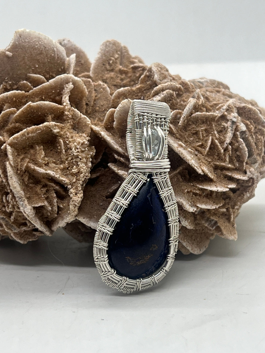 Hand Carved Azurite & Aquamarine Sterling Silver Wire Wrap Pendant