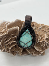 Load image into Gallery viewer, Hand Carved Amazonite &amp; North Star Turquoise Oxidized Copper Wire Wrap Pendant
