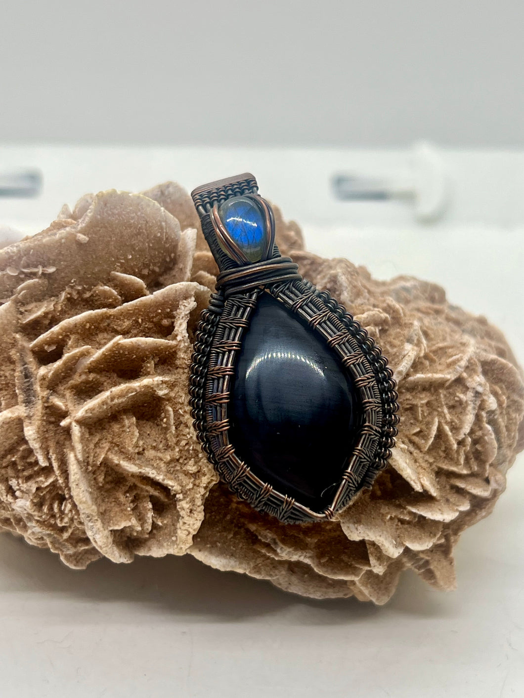 Hand Carved Obsidian & Labradorite Oxidized Copper Wire Wrap Pendant