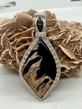 Load image into Gallery viewer, Hand carved Pocket Rot Hard Wood &amp; Black Opal Sterling Silver Wire Wrap Pendant
