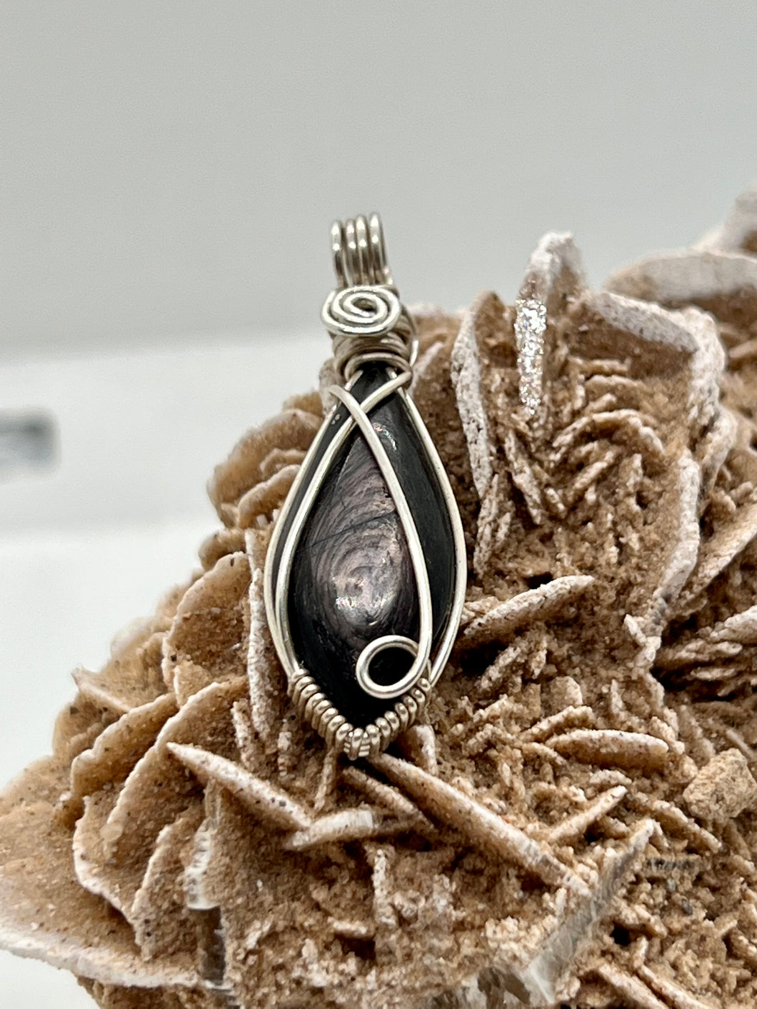 Hand Carved Hypersthene Sterling Silver Simple Wire Wrap Pendant