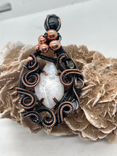 Load image into Gallery viewer, Hand Carved Rainbow Moonstone, Opal, &amp; Star Diopside Oxidized Copper Wire Wrap Pendant
