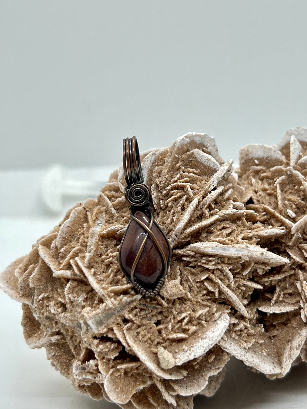 Hand Carved Petrified Wood Simple Oxidized Copper Wire Wrap Pendant
