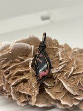 Load image into Gallery viewer, Hand Carved Rhodonite Simple Oxidized Copper Wire Wrap Pendant
