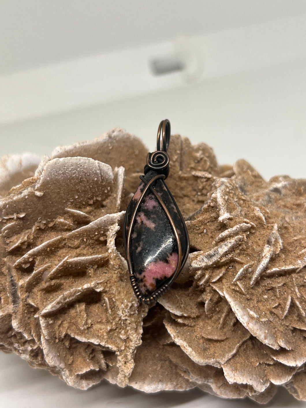 Hand Carved Rhodonite Simple Oxidized Copper Wire Wrap Pendant