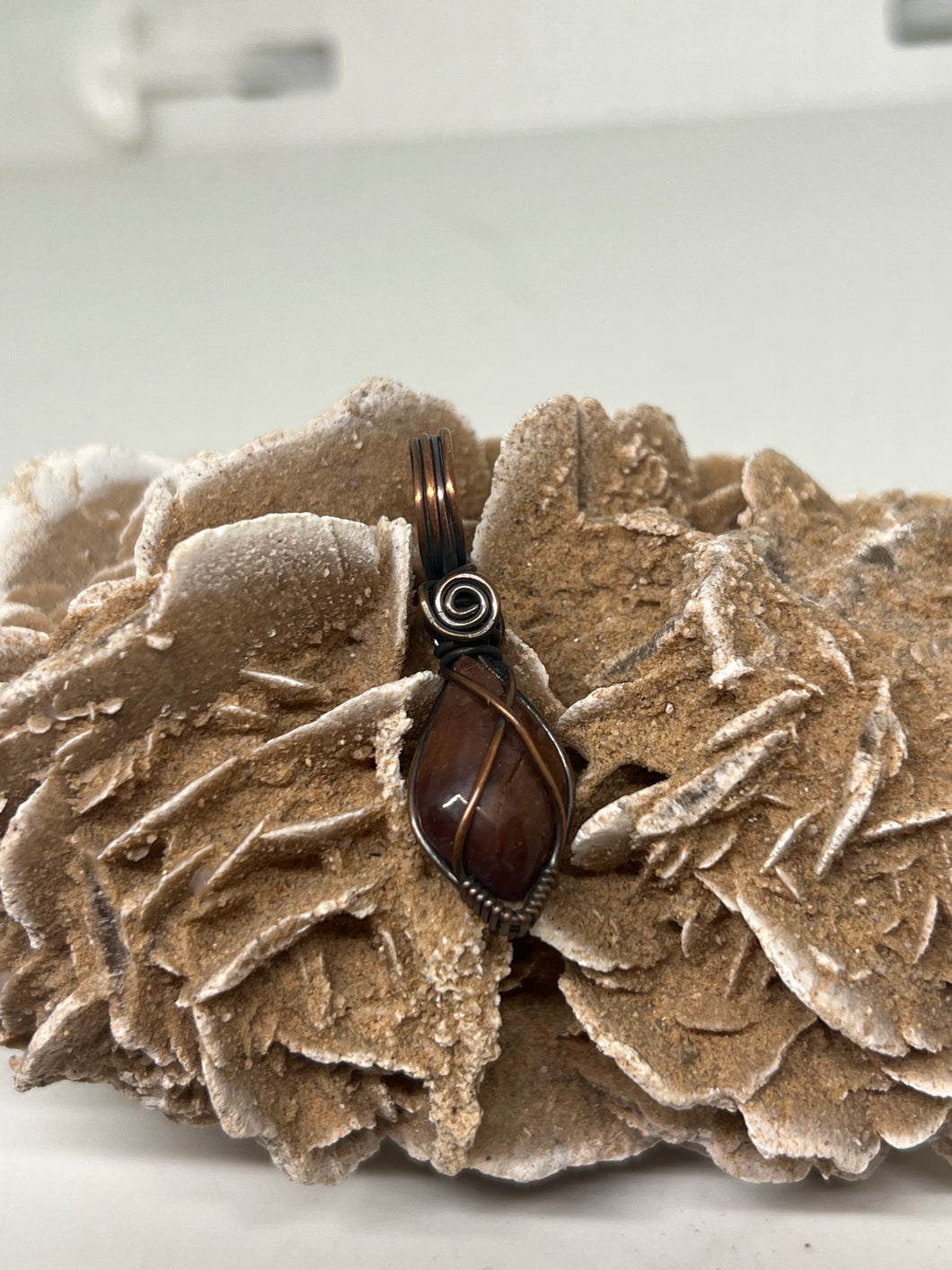 Hand Carved Petrified Wood Mini Simple Oxidized Copper Wire Wrap Pendant