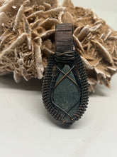Load image into Gallery viewer, Hand Carved Moss Agate &amp; Mexican Fire Opal Oxidized Copper Wire Wrap Pendant
